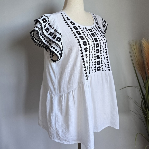 LOFT White Black Linen Blend Embroidered Peplum Flutter Sleeve Shirt SZ Large - Picture 5 of 12